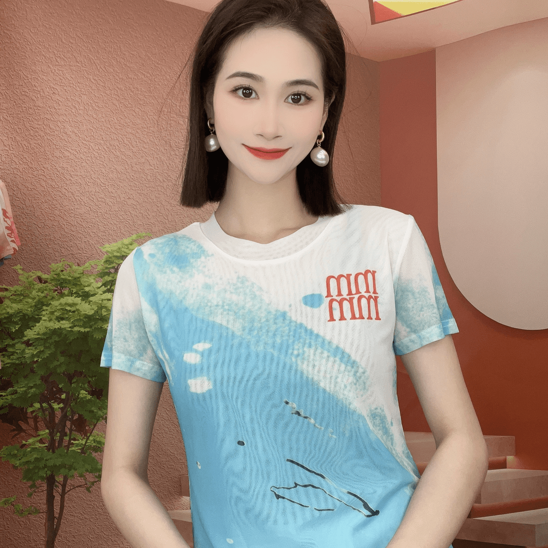 2024新款女装夏款时尚百搭显瘦气质网纱短袖圆领T恤印花上衣 A032
