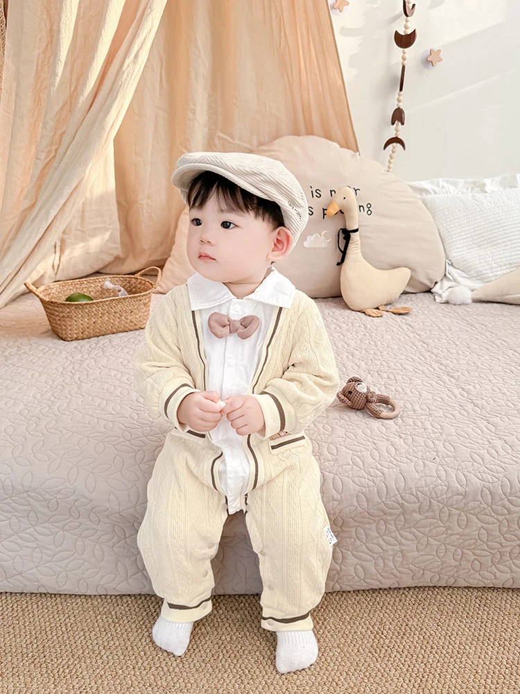 婴儿秋装连体衣韩版假两件绅士满月服0-12个月宝宝双层爬爬服哈衣