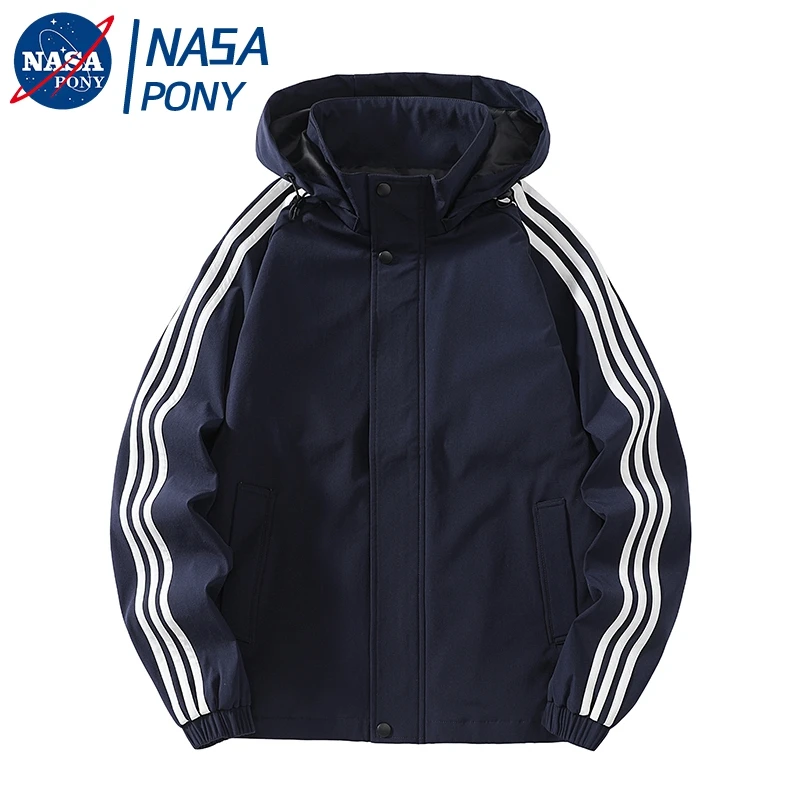 NASA加厚春秋款男女三条杠夹克运动可拆卸帽上衣休闲防风外套潮