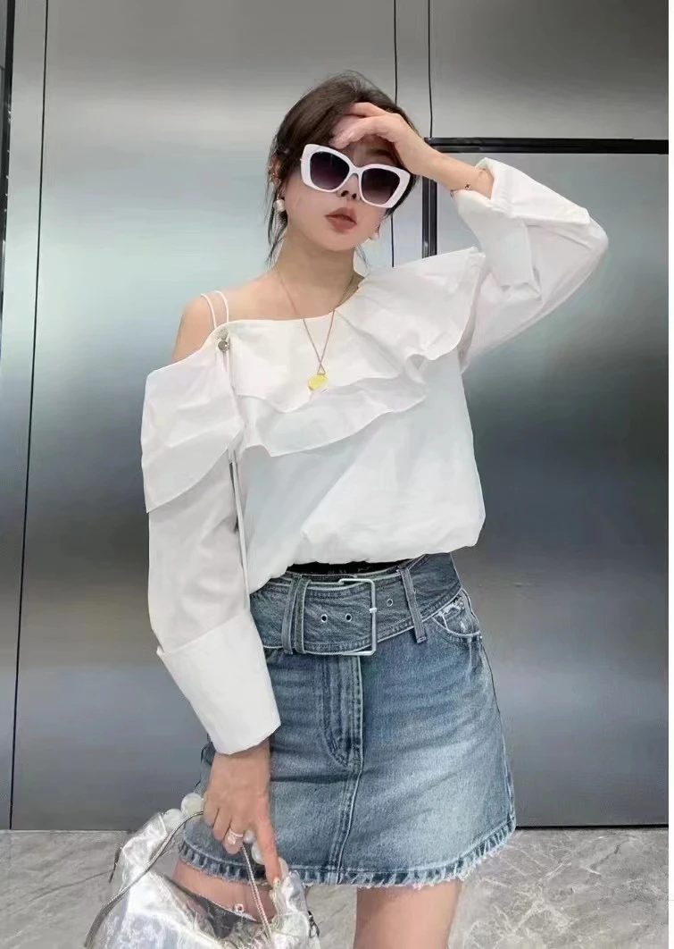 欧洲站2024早秋新款甜美时尚一字肩长袖衬衫女显瘦洋气荷叶边上衣