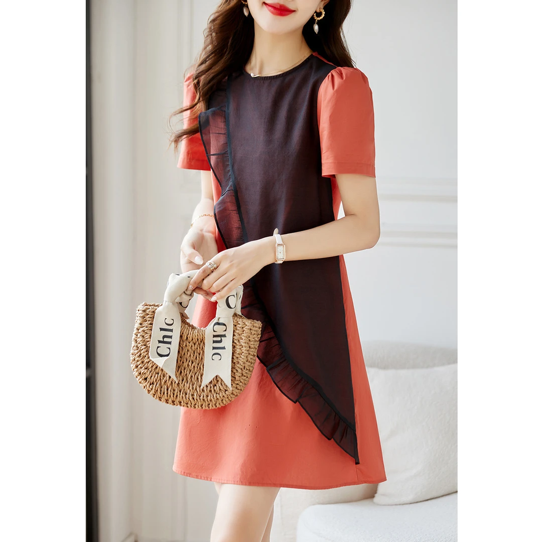 尚静荷叶边气质网纱拼接连衣裙2025夏新款时尚撞色设计圆领直筒裙