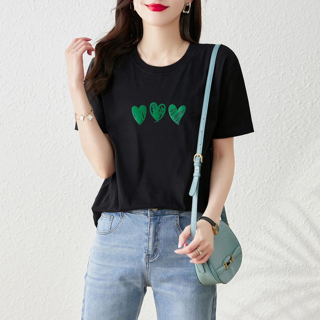 尚静纯棉时尚爱心印花圆领短袖T恤2025夏季新款女生韩系ins衣服