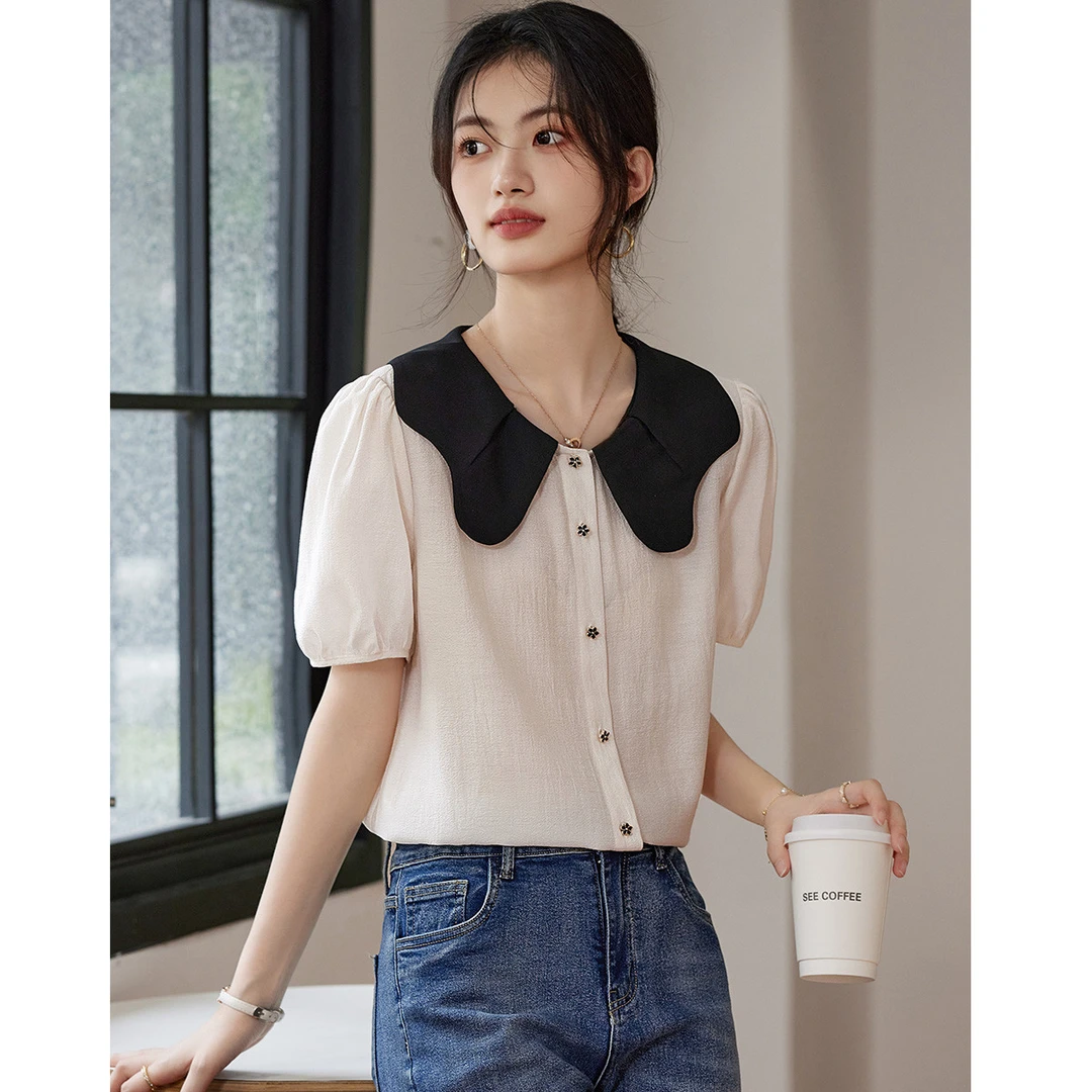 尚静甜美减龄娃娃领衬衫2025夏新款少女感时尚气质淑女泡泡袖衬衣