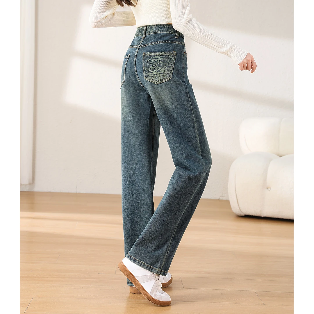 尚静丹宁风复古直筒牛仔长裤2024秋季新款时尚休闲瘦洋气牛仔裤女