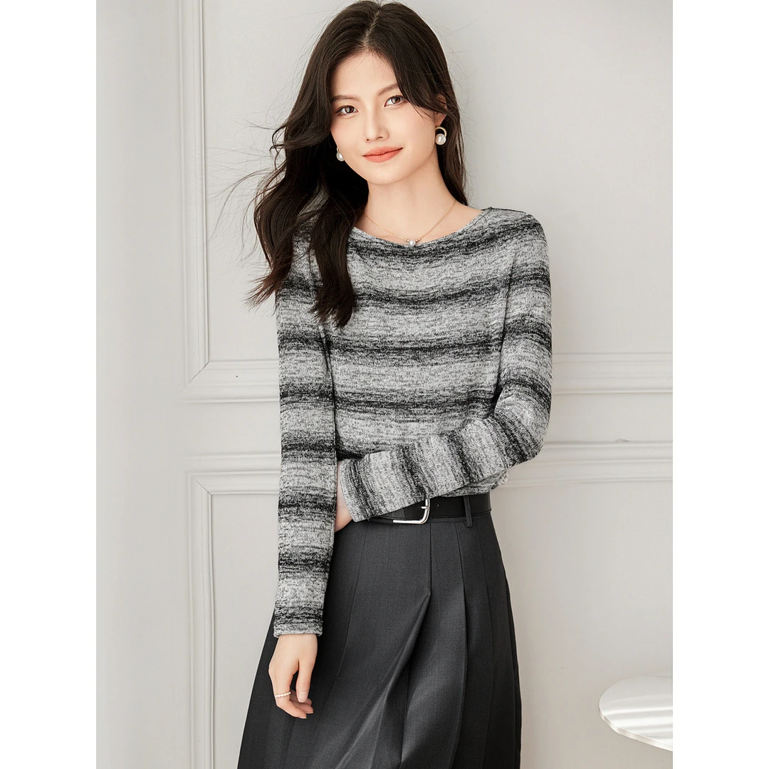 尚静条纹美感慵懒风针织衫2025秋季新款气质修身显瘦百搭圆领上衣