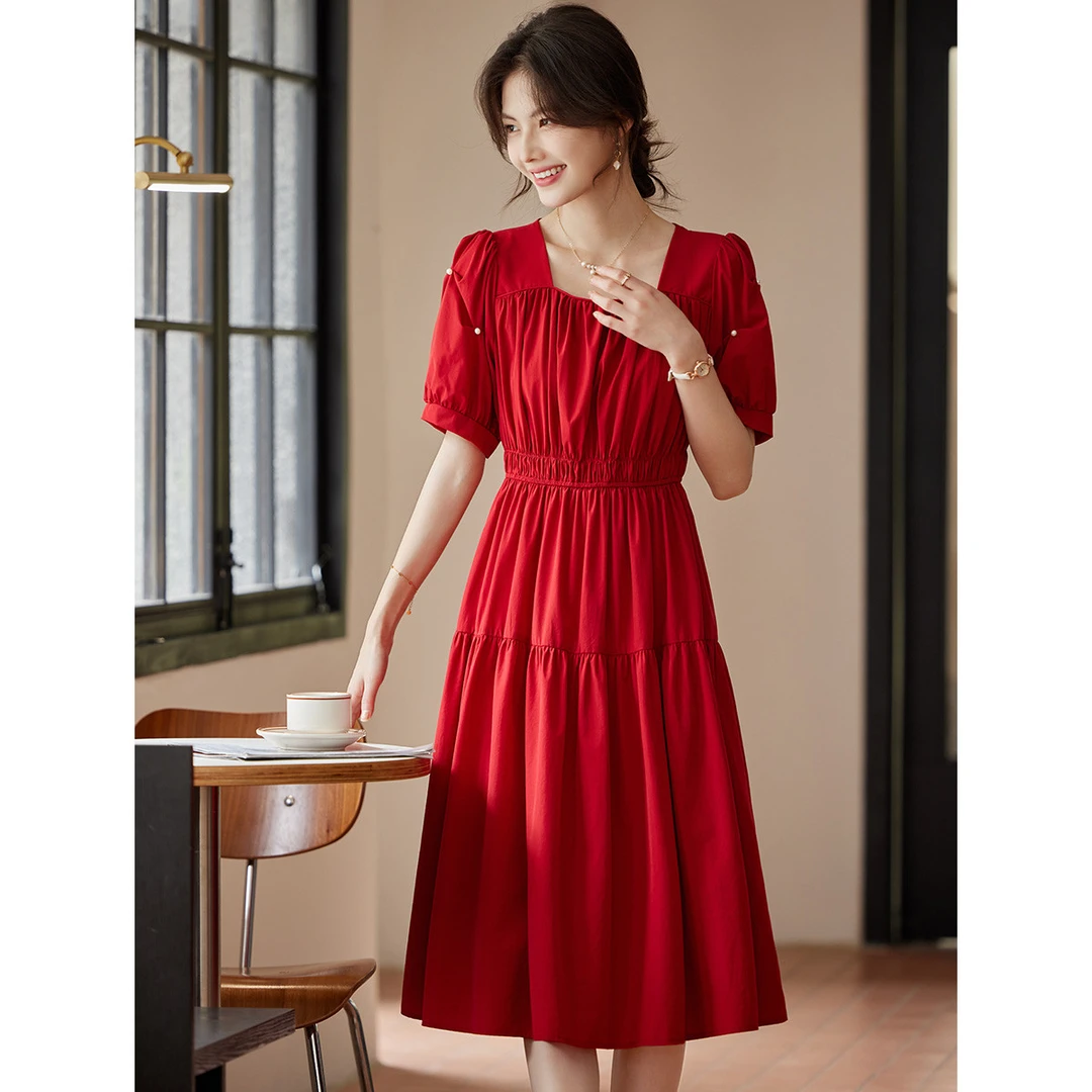 尚静法式优雅淑女连衣裙2025夏季新款收腰方领泡泡袖小个子中长裙