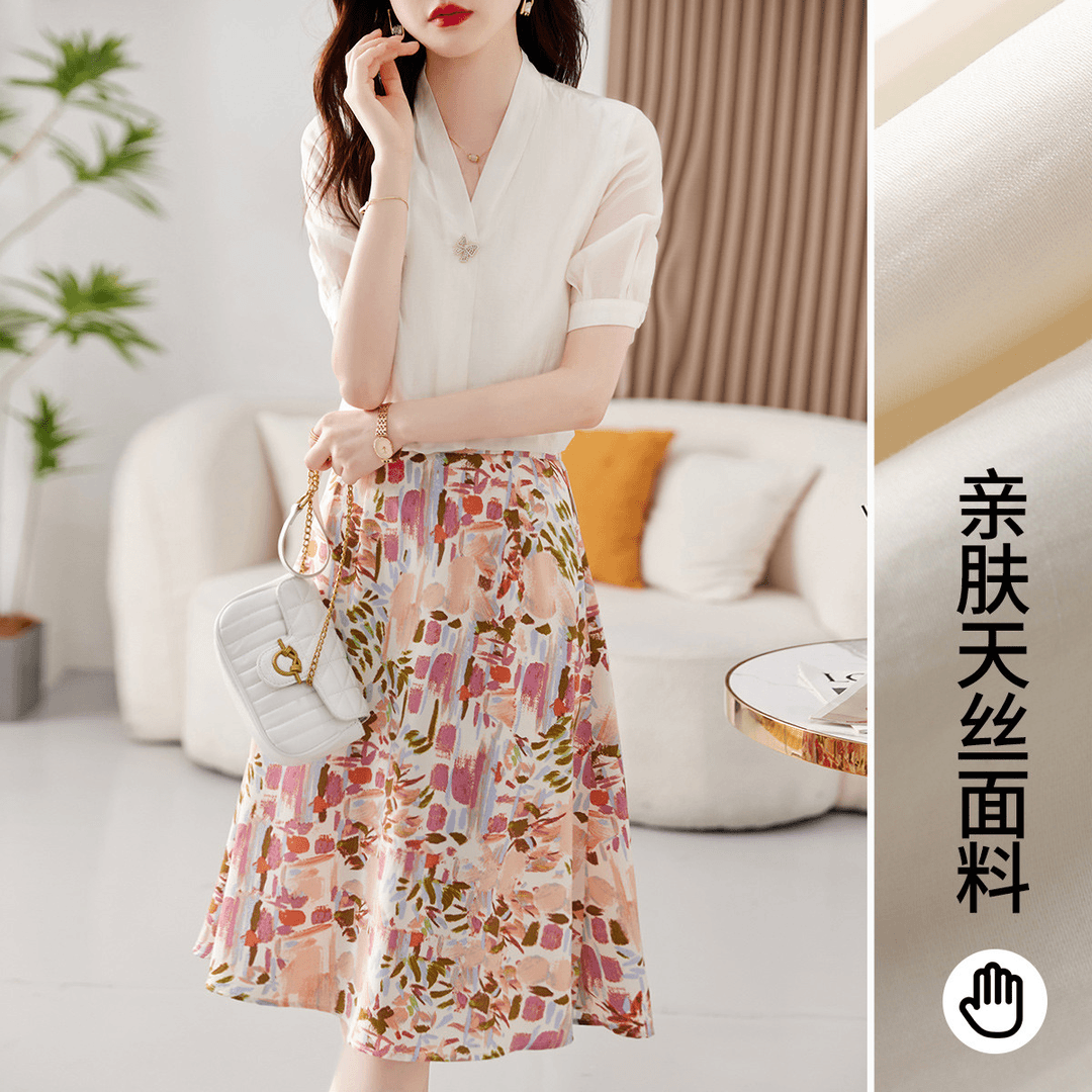 尚静简约温柔风V领衬衫+撞色收腰半身裙2024夏新款时尚休闲套装女