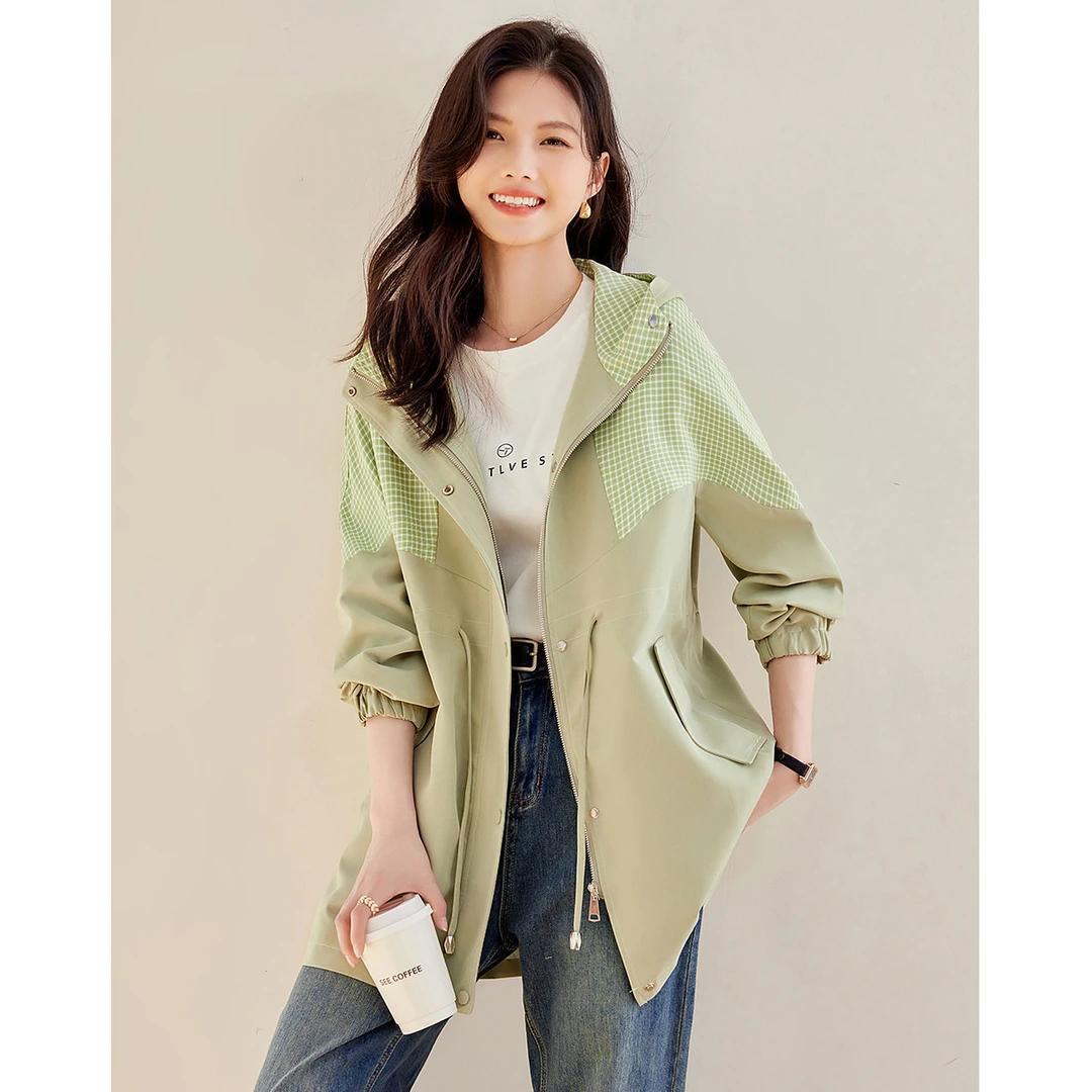 尚静抽绳束腰连帽休闲风衣2025秋季新款时尚拼色格纹宽松短外套