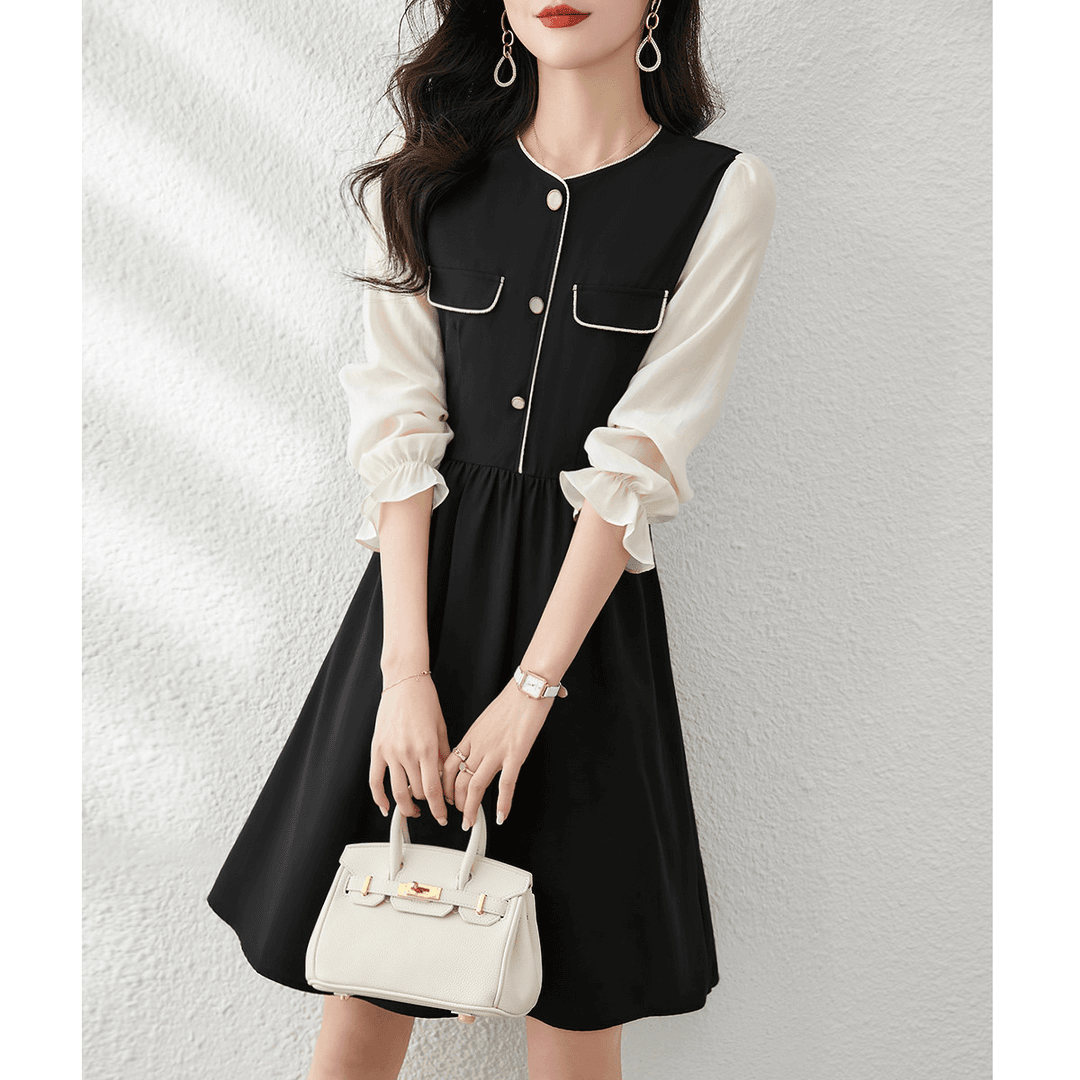 尚静【高级感法式小黑裙】23年春季新款小香风撞色拼接A字连衣裙女