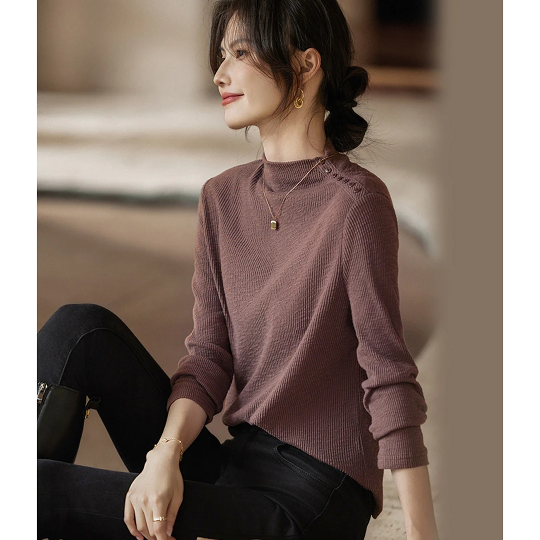 尚静休闲百搭肌理感保暖内搭上衣2025冬季新款半高领女式打底衫