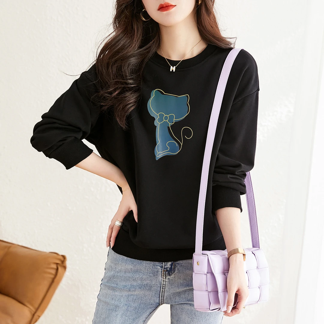 尚静猫咪纹理印花卫衣2025春季新款潮流个性休闲通勤时尚百搭显瘦
