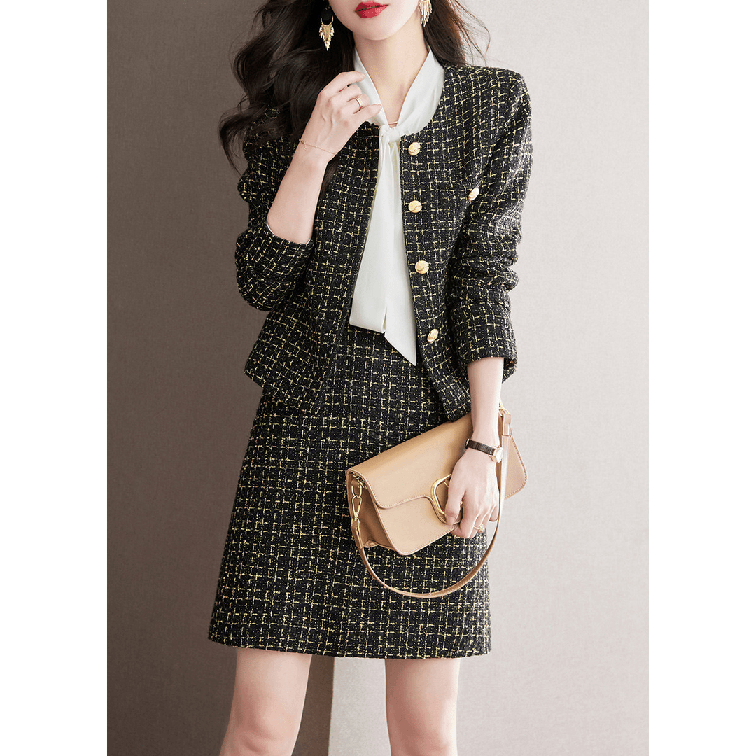 尚静 【短款假贴袋外套+高腰A字短裙】23年秋季新品小香风女式套装