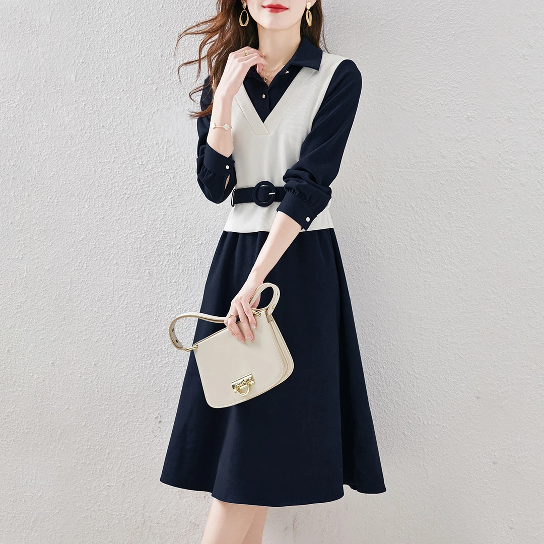 尚静宝藏衣橱上新连衣裙2025秋季新款拼色假两件收腰中长裙A字裙