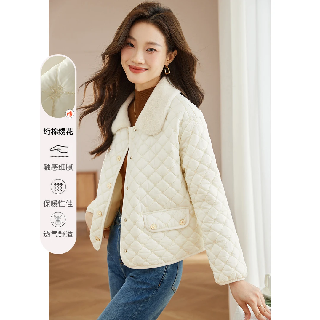 尚静毛领拼接保暖绣花外套2025冬季新款加毛加厚单排扣短款外套女