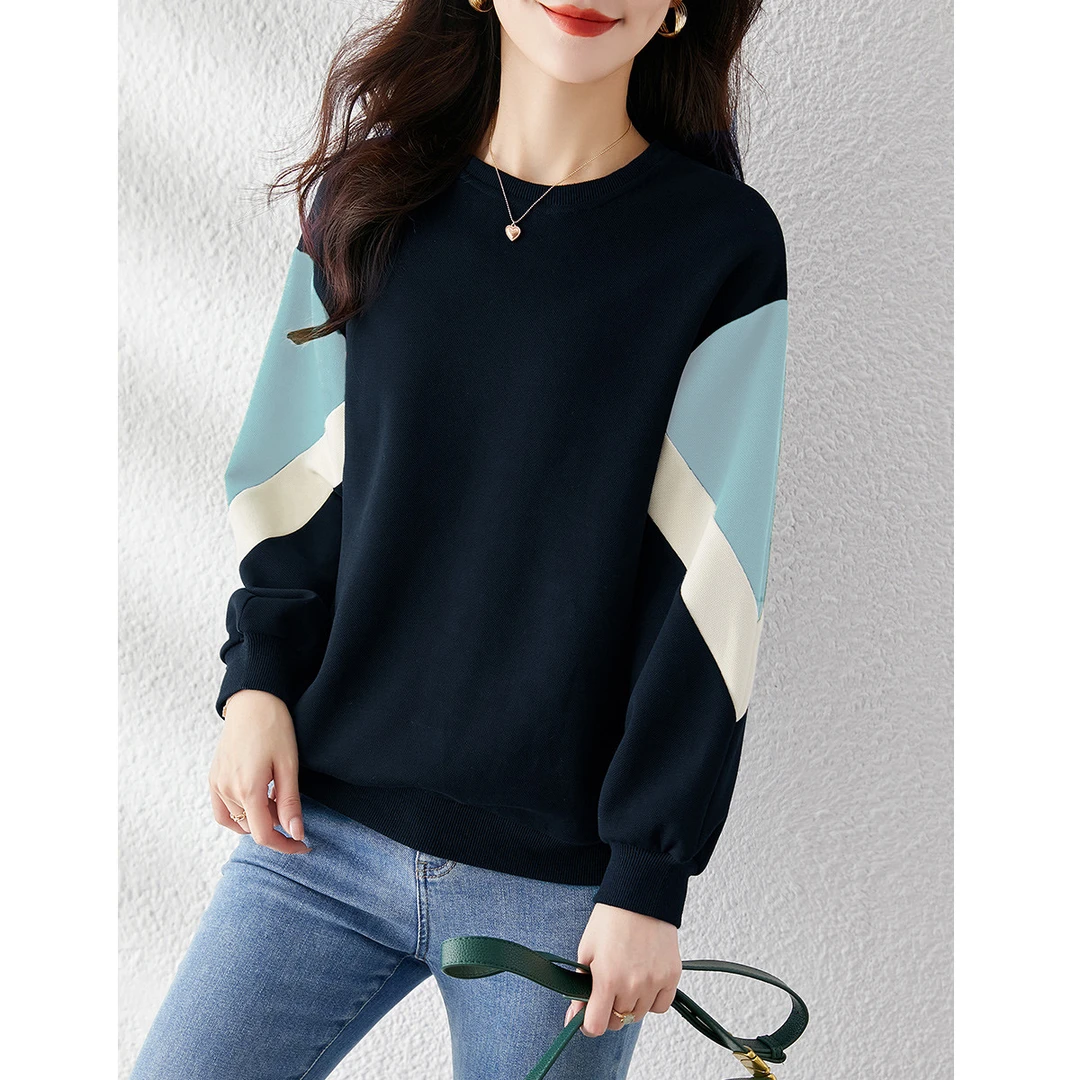 尚静通勤风拼接撞色圆领卫衣2025秋季新款时尚休闲百搭舒适遮肉