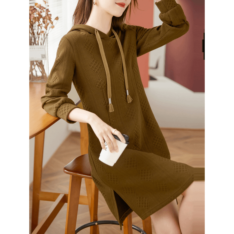 尚静 【慵懒风连帽卫衣裙】2023年秋季新款休闲针织刺绣开叉直筒裙