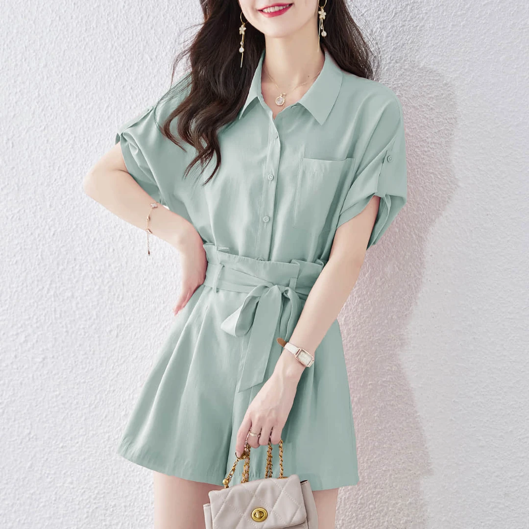 尚静时尚简约上衣收腰显瘦百搭短裤2025夏新款薄荷绿小清新套装女