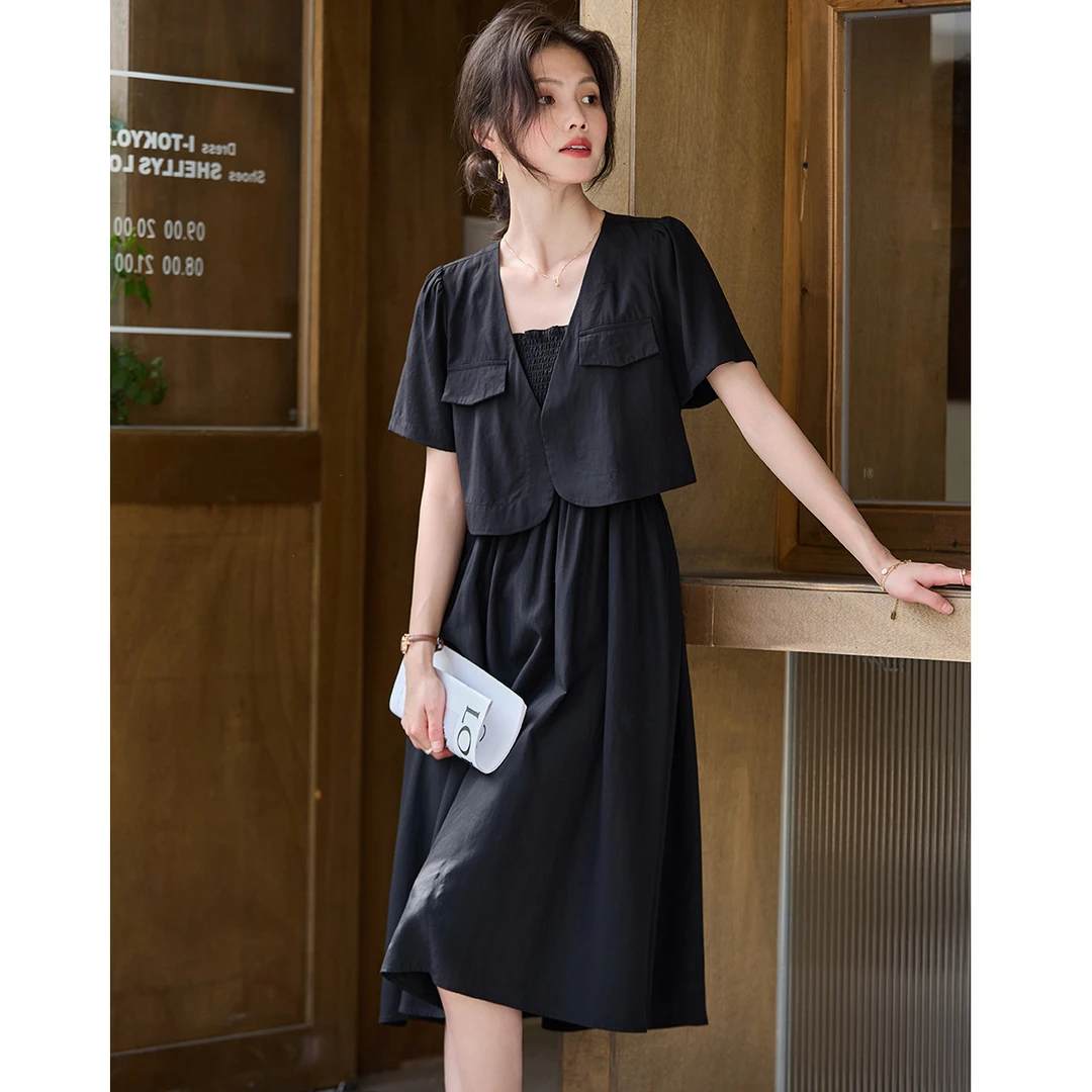 尚静莱赛尔天丝休闲风套装2025夏季新款V领短袖衬衫+吊带连衣裙