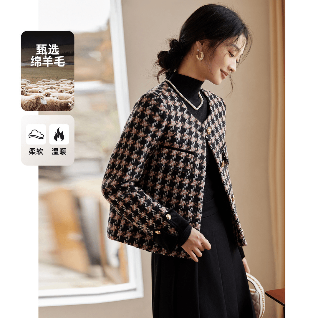 尚静【减龄洋气千鸟格短款大衣】2023年冬季新款小香风短款毛呢外套