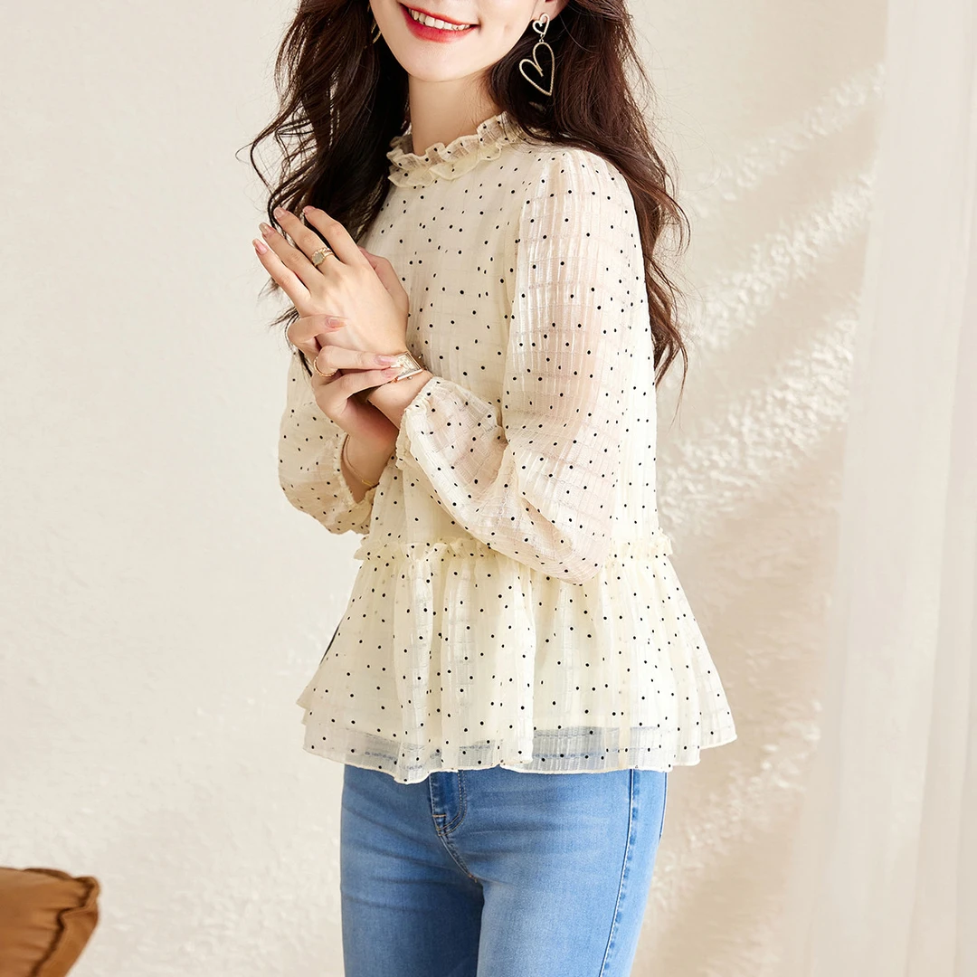 尚静时尚波点网纱微透花边领衬衫2025秋季新款小个子别致裙摆上衣