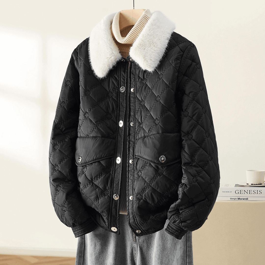 尚静简约时尚保暖舒适棉衣女2023冬新款舒适毛领拼接短款外套女