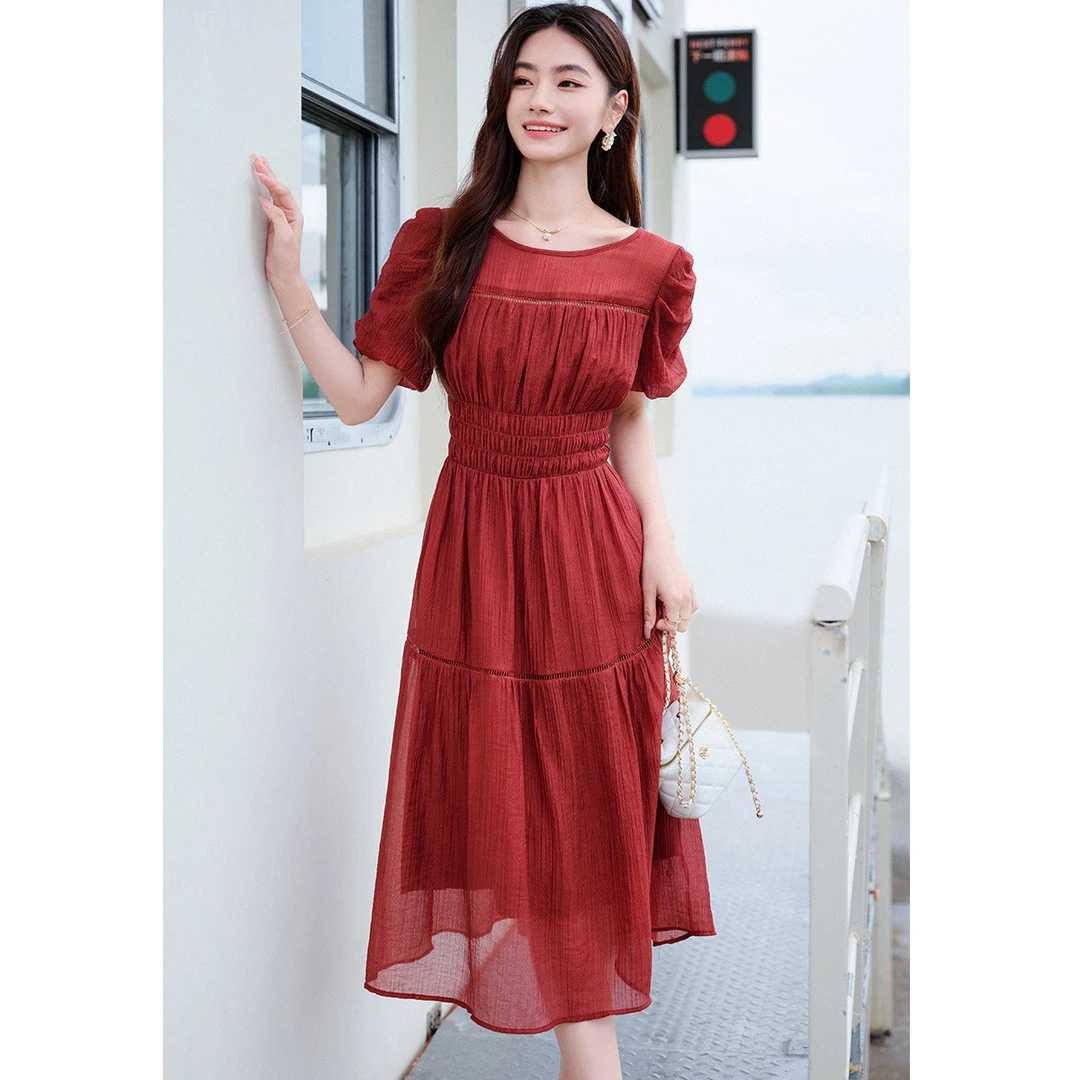 尚静莱赛尔天丝A字裙2025夏季新款法式优雅浪漫泡泡袖镂空连衣裙