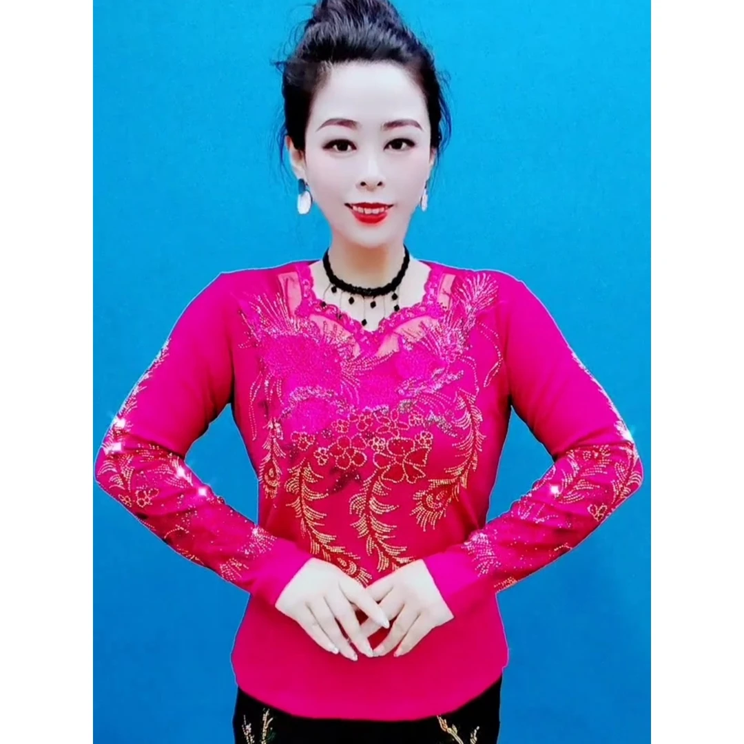 秋冬新款时尚5862大码中老年修身显瘦打底衫复古网红百搭妈妈装