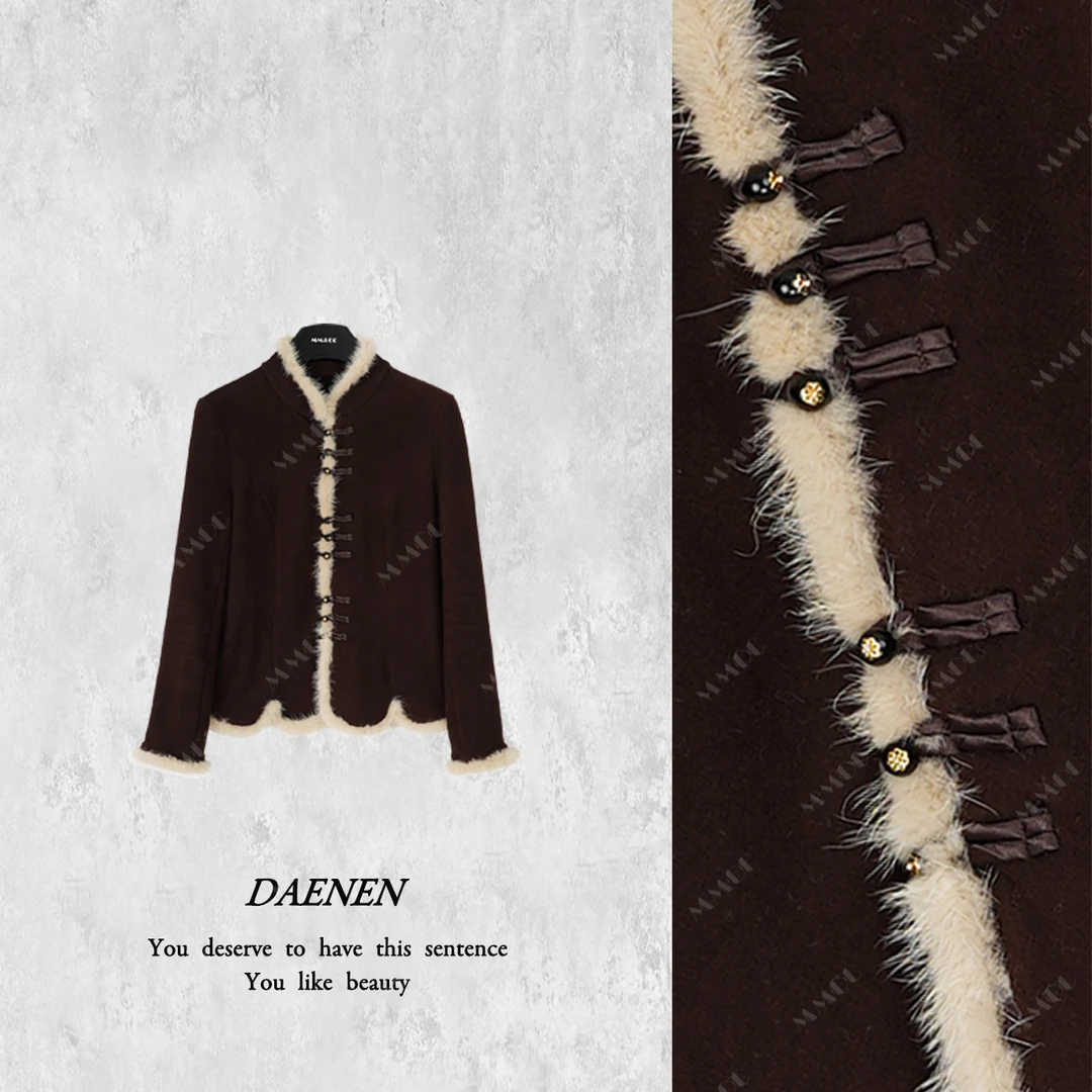【南希】新中式秋冬季国风拼接貂毛打底上衣F9877