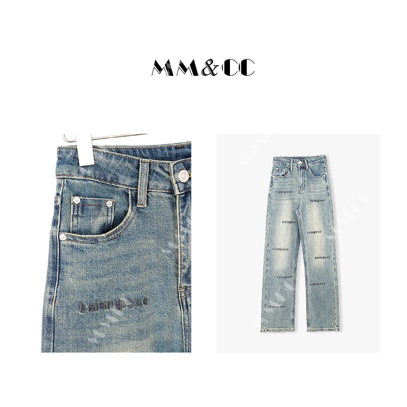 仫赐【字母牛仔】春季字母时尚渐变直筒拖地牛仔裤F9013