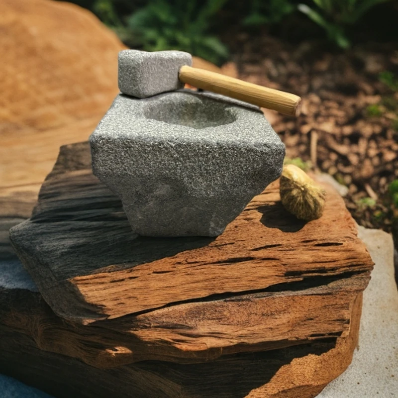 尚古石刻 创意复古小石臼石碾子青石磨茶宠摆件可养茶具茶玩精品