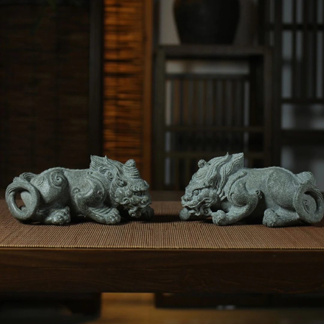 青石招财貔貅茶宠摆件可养大号中式复古风原创古法凿刻纯手工石雕