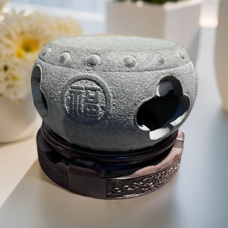 尚古青石五福石鼓墩手工石雕托座摆件盖置茶宠茶托石镇纸石手把件