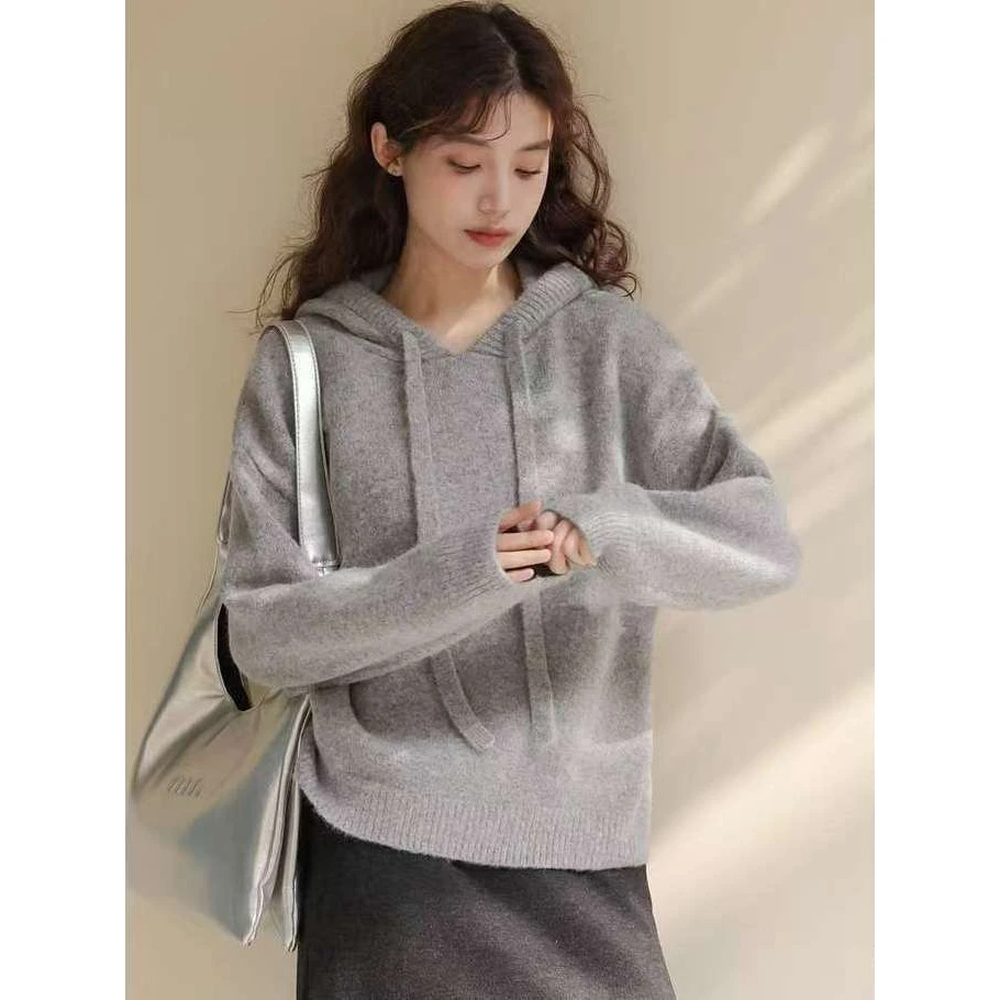 日系连帽毛衣女2025新款春秋外穿复古显瘦卫衣打底衫慵懒风针织衫
