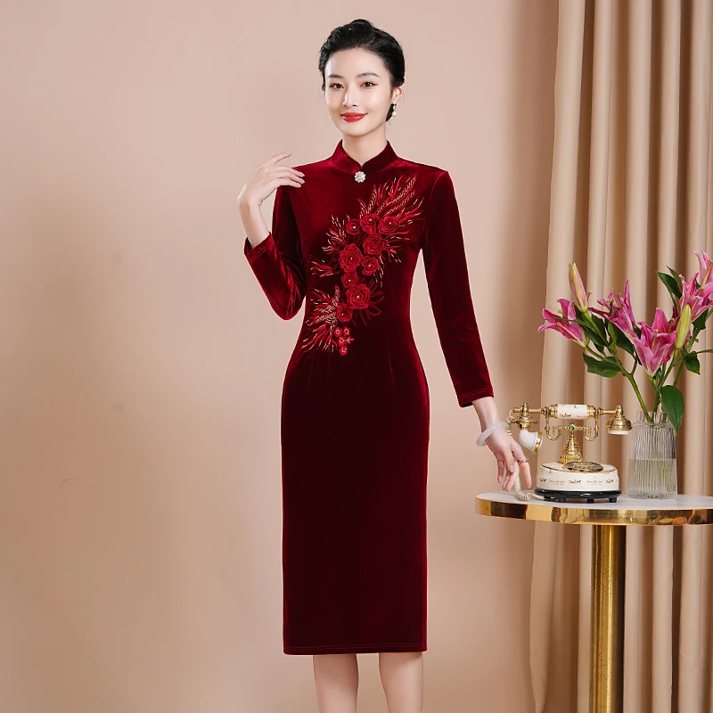 喜妈妈礼服2024新款旗袍领玫瑰刺绣连衣裙中老年女装WPD233-8829