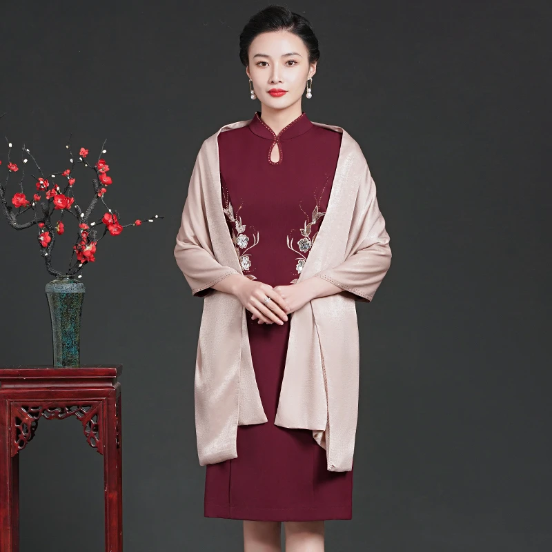 高档喜婆婆婚宴礼服妈妈中式旗袍领绣花连衣裙中国风WPD215-Q5876