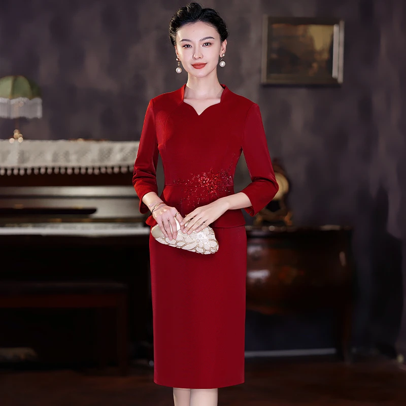 微胖妈妈婚宴服假两件连衣裙喜婆婆中年婚礼裙子春装WPD215-Q6546