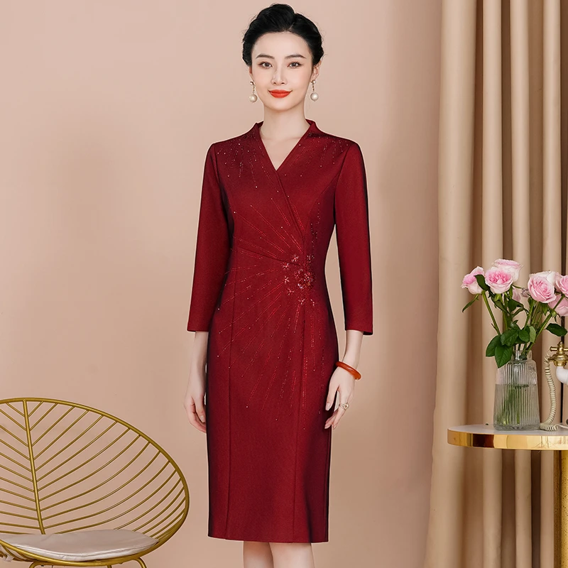 高端喜婆婆婚宴装优雅V领结婚裙子订婚中老年女装妈妈WPD215-6346