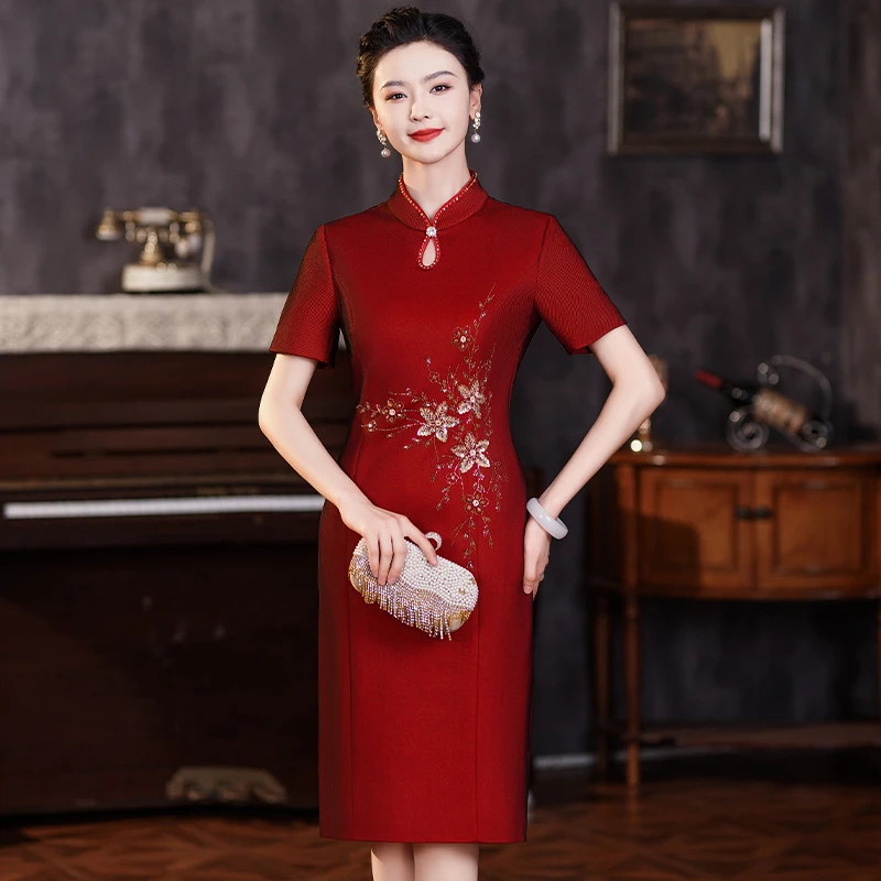 国风旗袍裙新中式中年妈妈装婚宴装喜婆婆连衣裙WPD215-6416