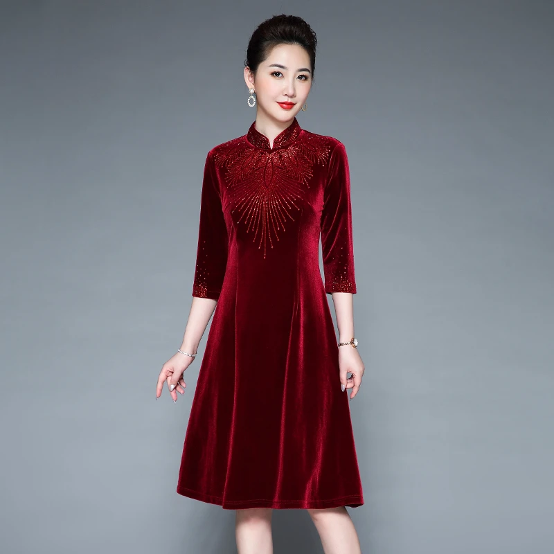 喜婆婆喜妈妈婚宴装秋冬高档金丝绒连衣裙中老年礼服WPD233-2846