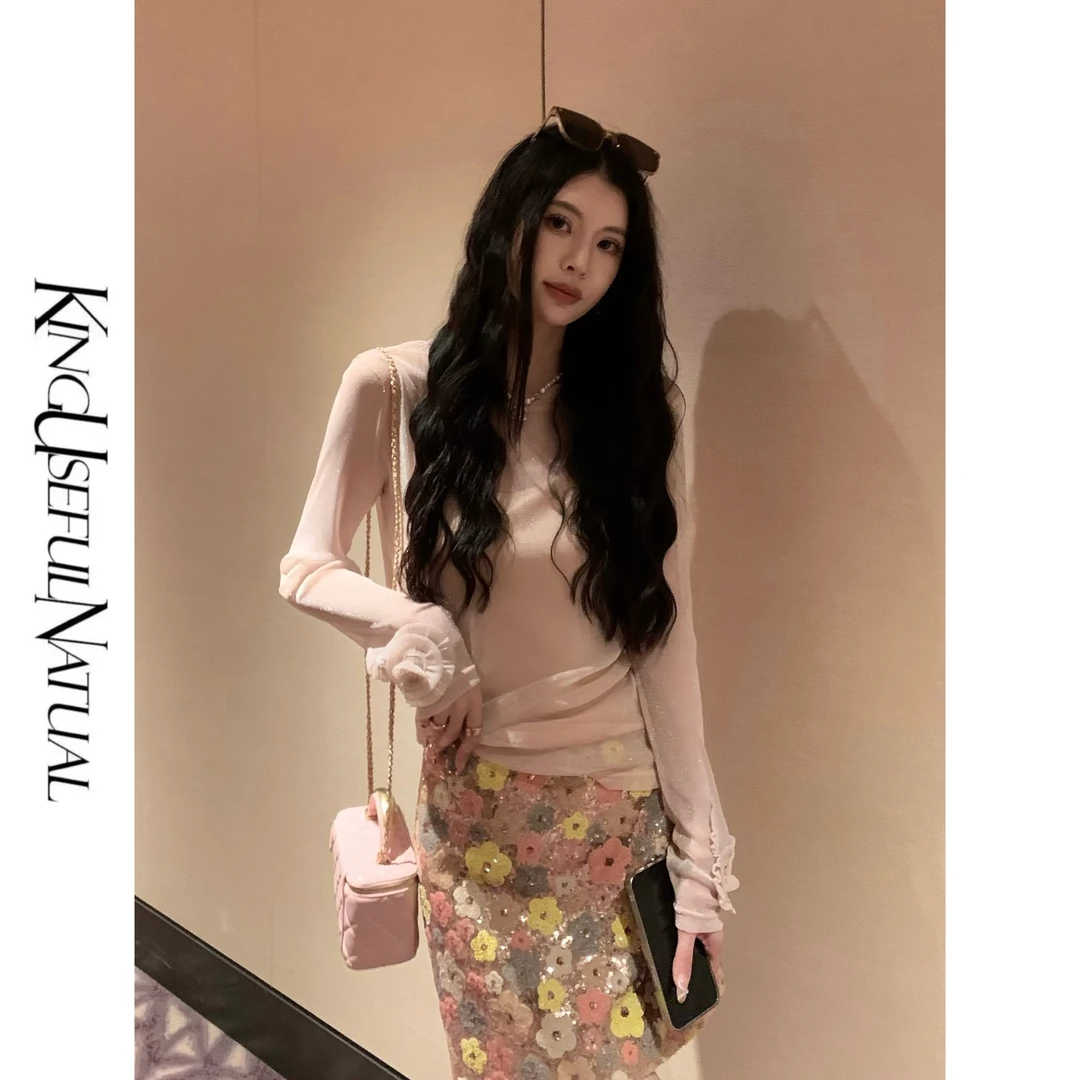 KUN【珊瑚海】克制小sexy 袖口手工盘花大圆领亮丝弹力微修身上衣