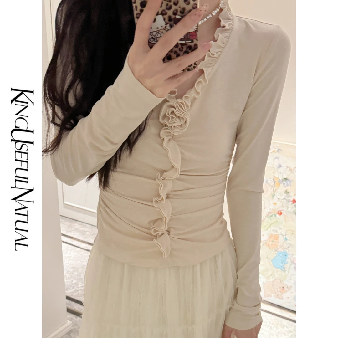 KUN【山茶黎香】soft肌肤之选 手工立体玫瑰花 v 领荷叶边打底衫