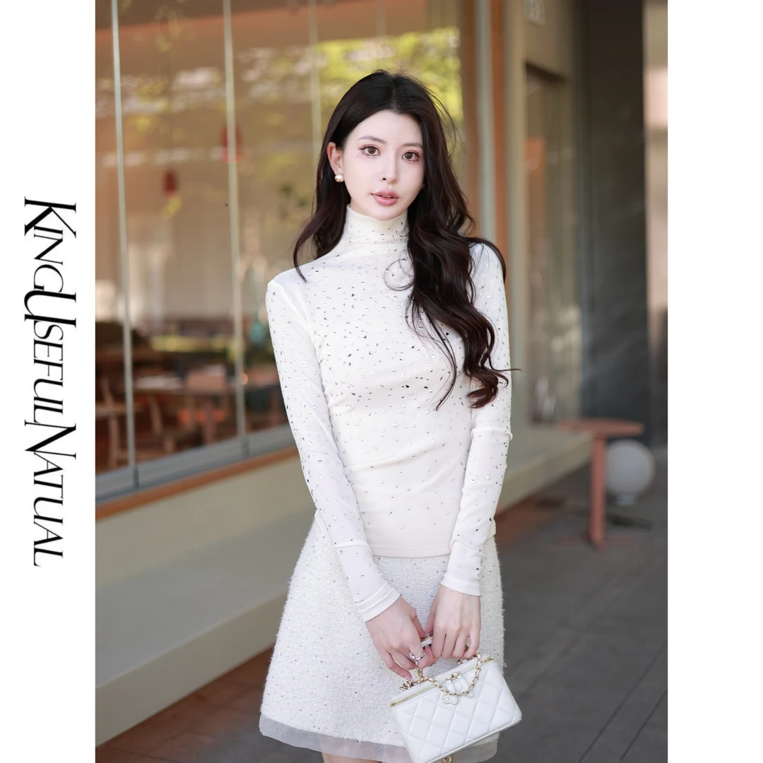 KUN【繁星面膜T】闪闪万能搭 弹力网烫异形钻重工弹力高领打底衫