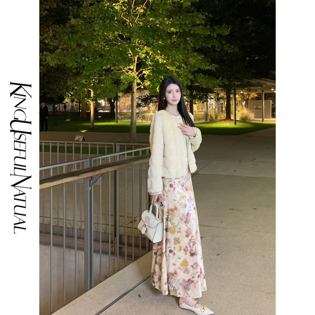 KUN【秋鸢】塞纳河边 花色丝绒印花半身裙女设计感收腰气质长裙子