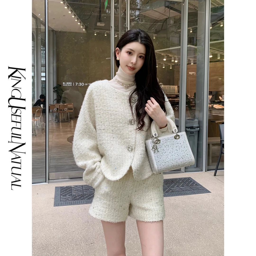 KUN【唐泽雪穗】顶楼千金 粗细纱线混织彩色亮片吸睛格子小香套装