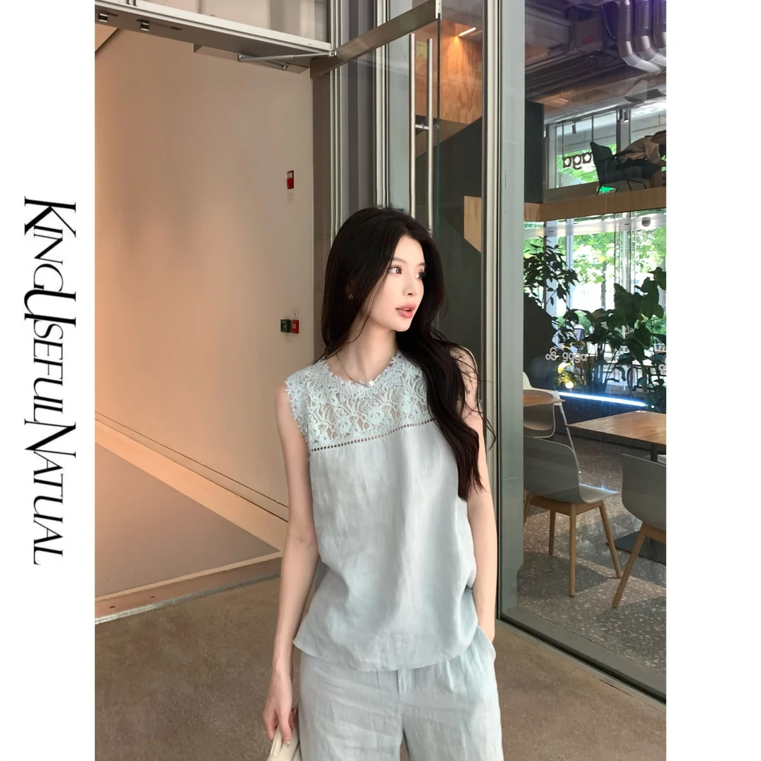KUN【懒懒海风】上衣 百芬亚麻 镂空钩花蕾丝拼接清爽凉感亚麻背心