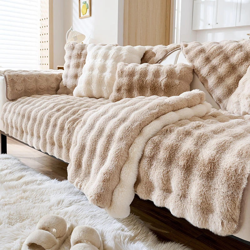 奶油风兔兔绒沙发垫秋冬款防滑坐垫子定制冬季毛绒皮沙发套罩盖布