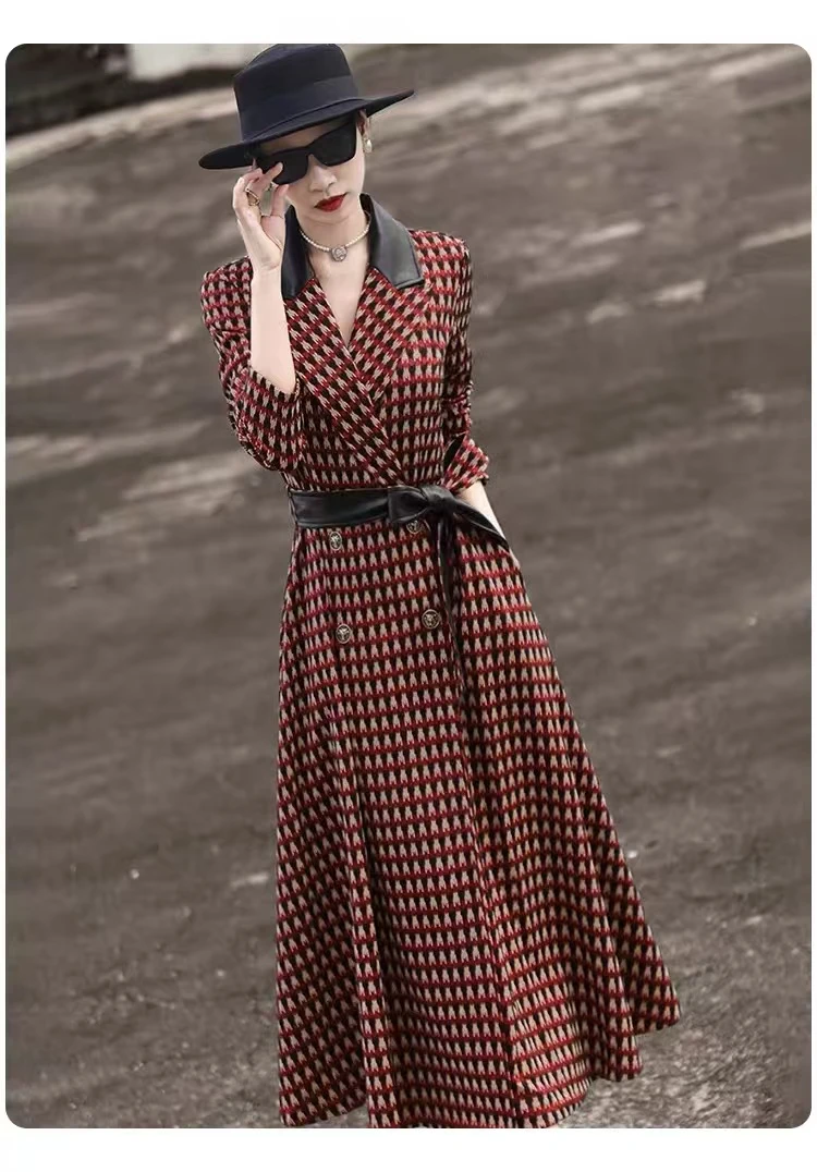 高端轻奢连衣裙秋冬季法式V领千鸟格纹收腰显瘦气质连衣裙