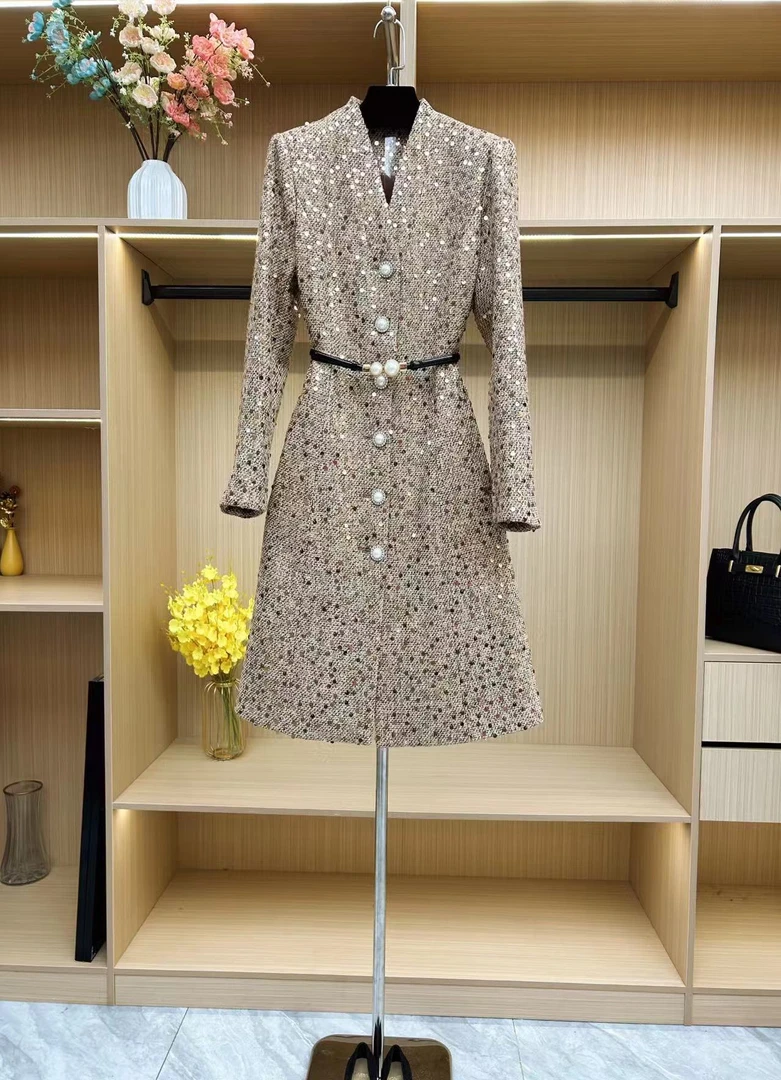 61163-高级感立领小香风单排扣长袖粗花呢中长款秋冬新款收腰外套