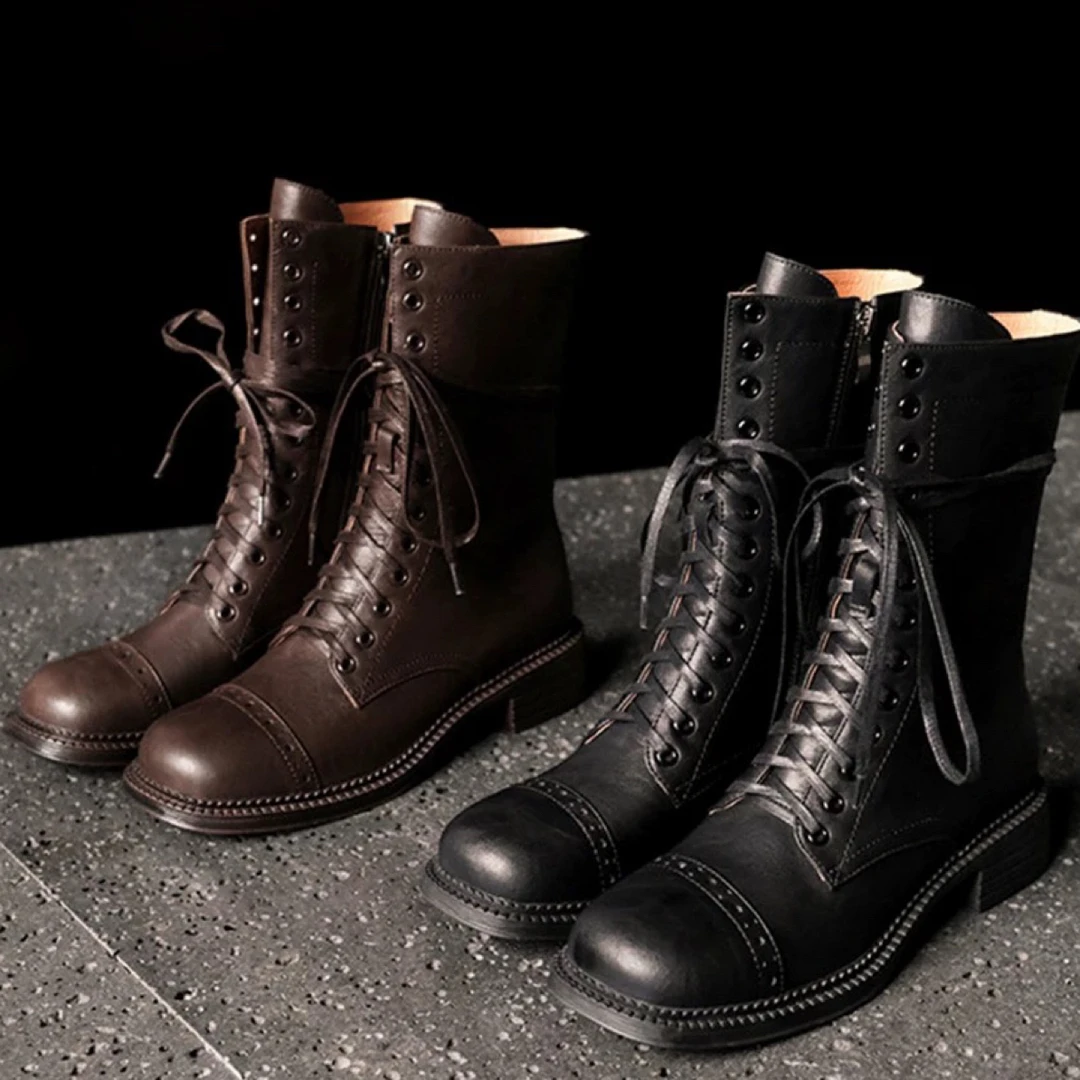 时尚马丁靴厚底筒靴春秋女靴牛皮百搭英伦风秋冬网红真皮