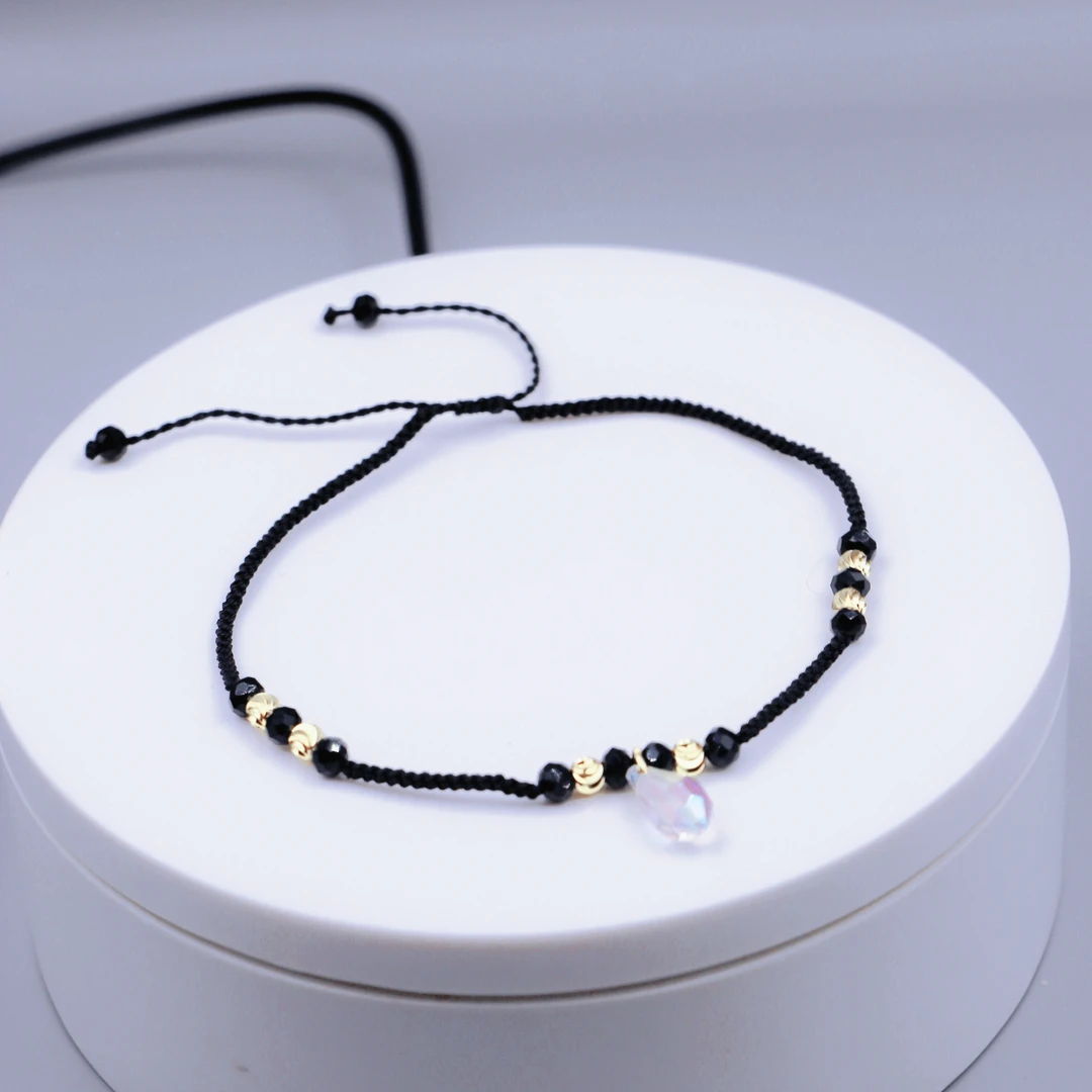 非金属布艺脚链 黑色水晶脚链，夏季女款艺术感脚链女人味性感脚链